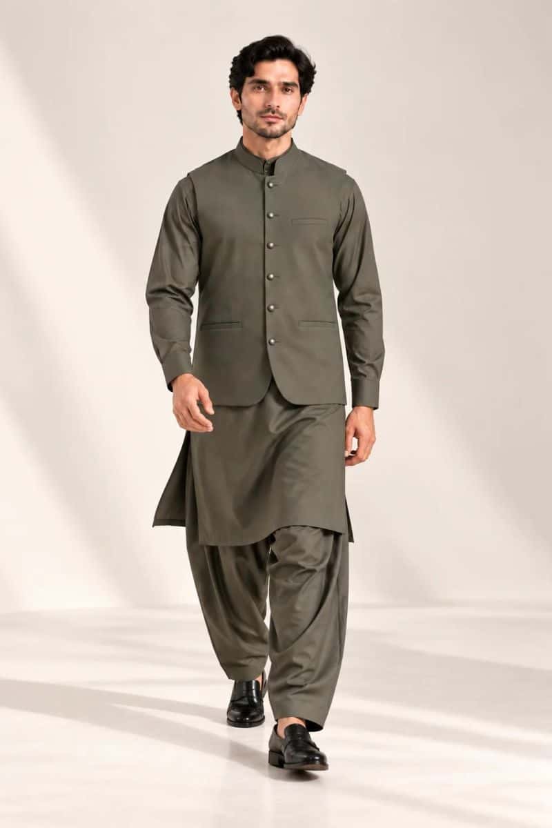 Men's Blended Kameez Shalwar with Waistcoat – OLIVE - alternate view