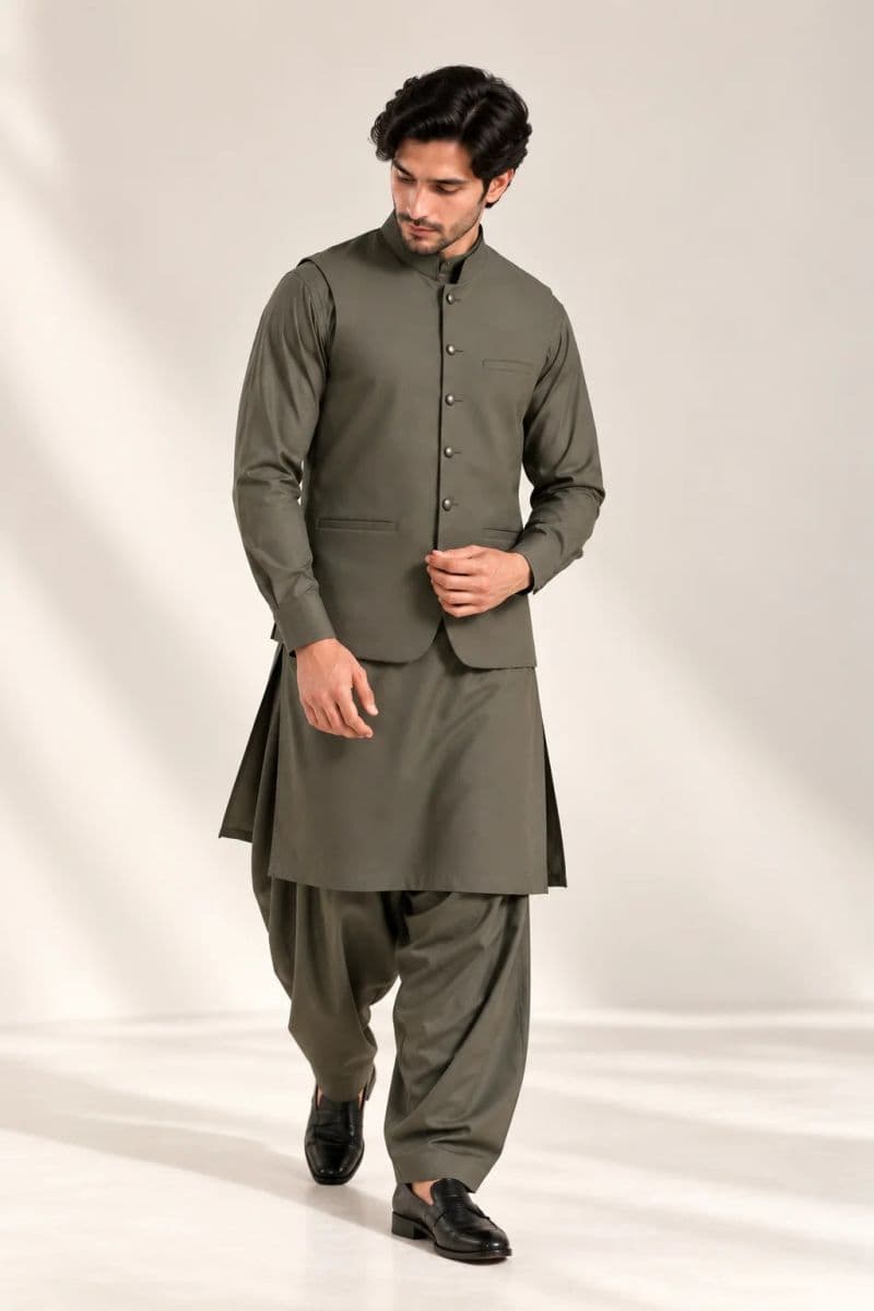 Men's Blended Kameez Shalwar with Waistcoat – OLIVE thumbnail