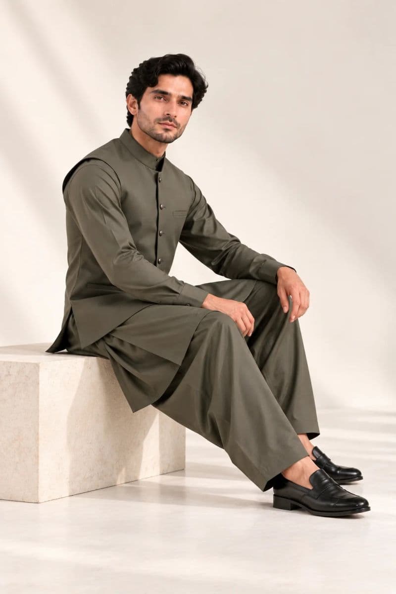 Men's Blended Kameez Shalwar with Waistcoat – OLIVE thumbnail
