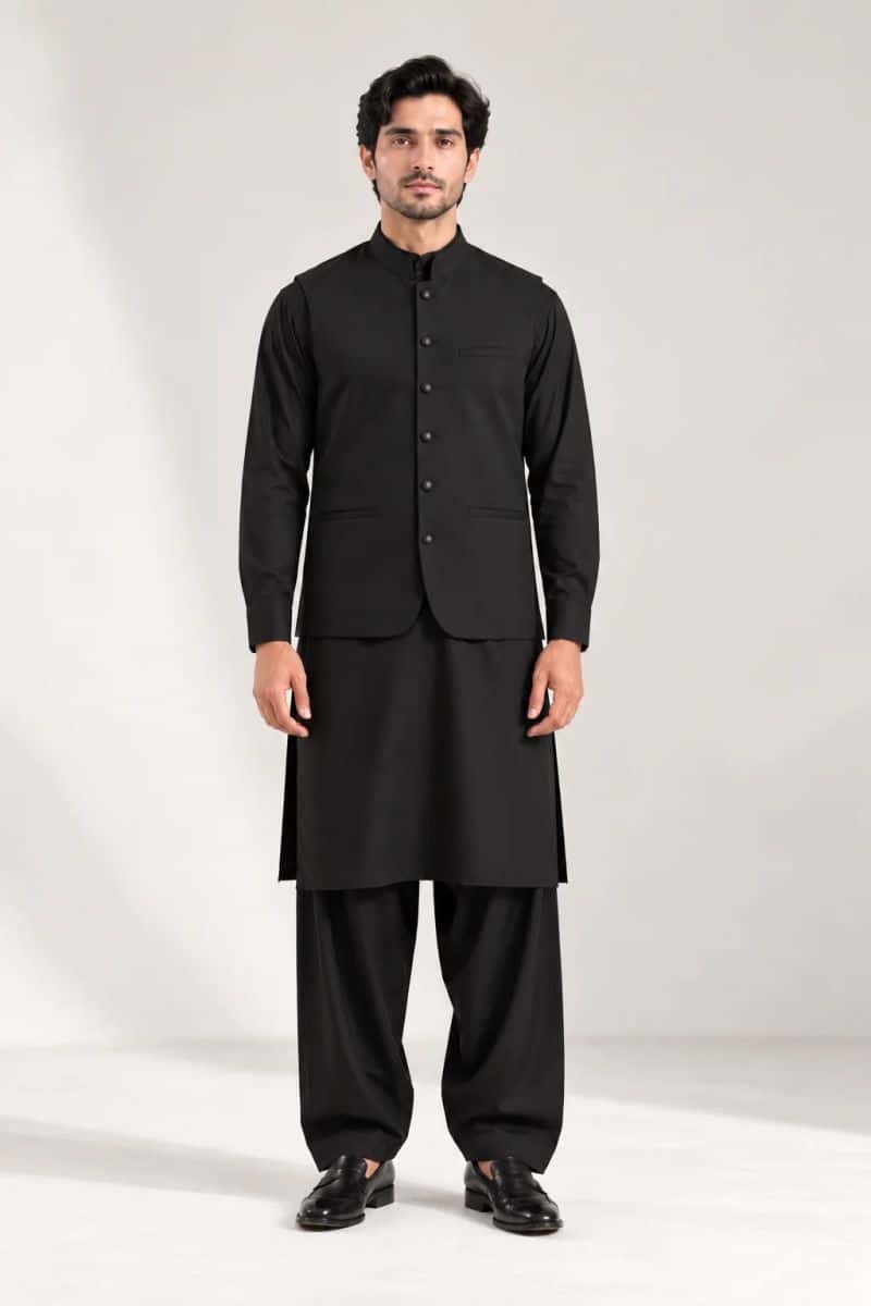 Men's Blended Kameez Shalwar with Waistcoat – BLACK