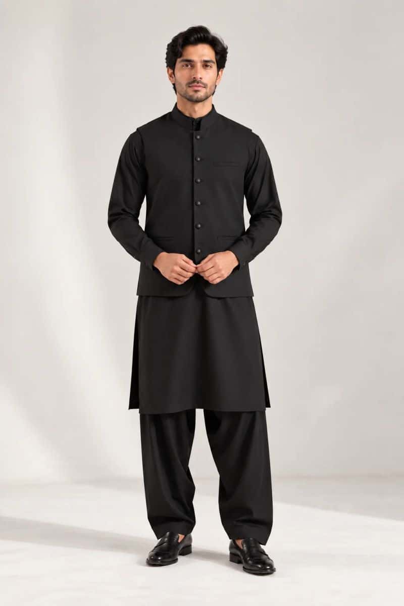 Men's Blended Kameez Shalwar with Waistcoat – BLACK - alternate view