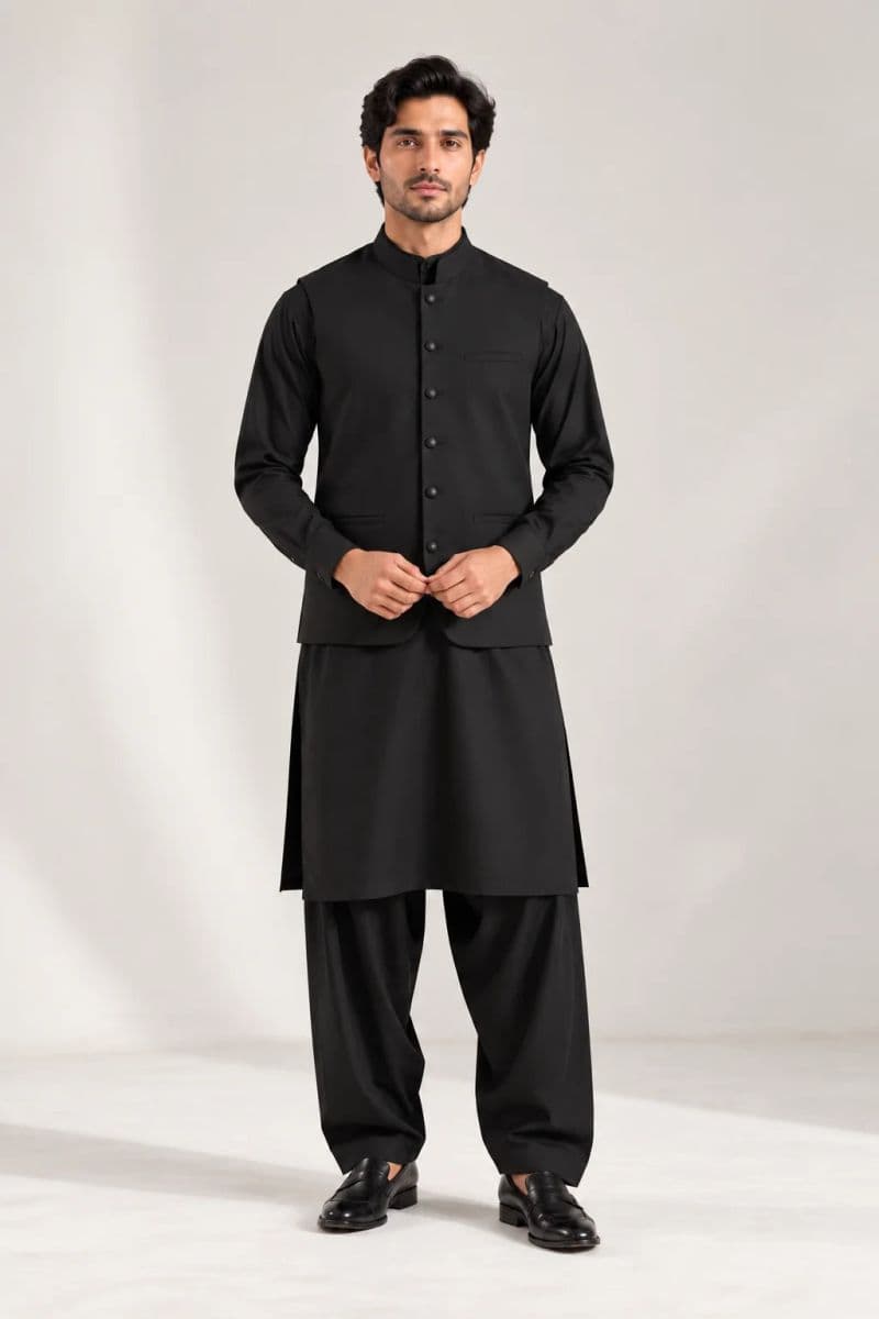 Men's Blended Kameez Shalwar with Waistcoat – BLACK thumbnail