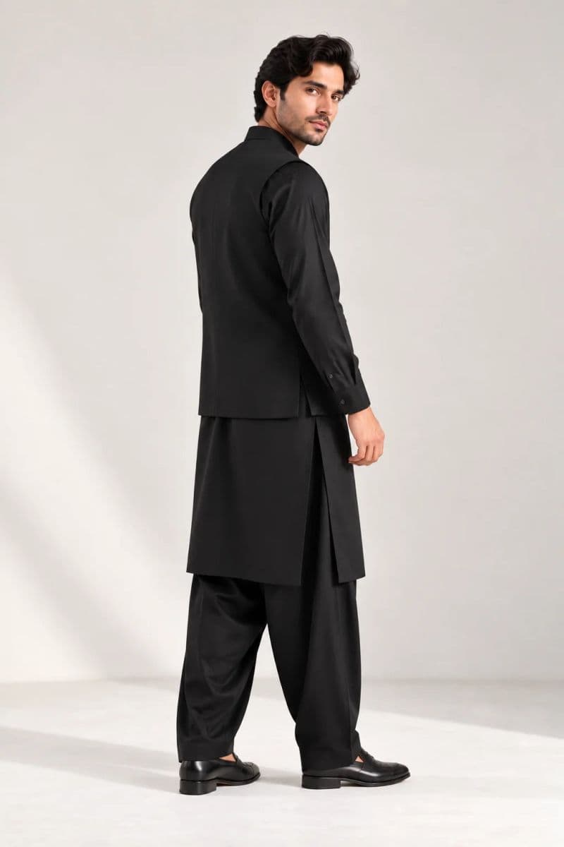 Men's Blended Kameez Shalwar with Waistcoat – BLACK thumbnail