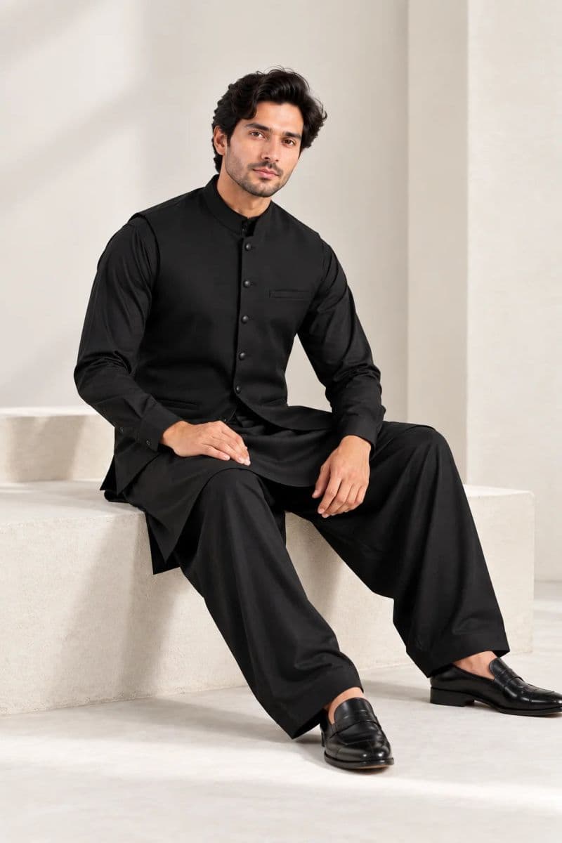 Men's Blended Kameez Shalwar with Waistcoat – BLACK thumbnail
