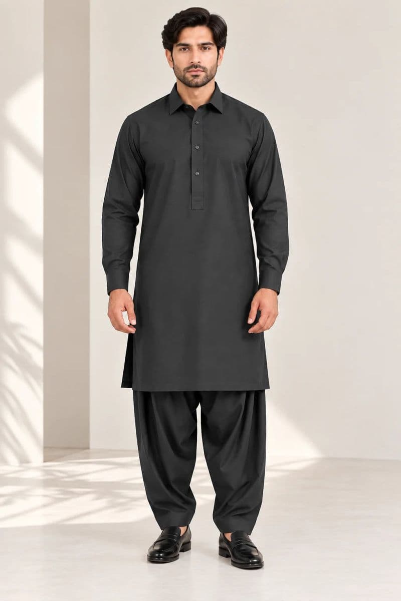 MEN'S BLENDED KAMEEZ SHALWAR – BLACK CHARCOAL thumbnail