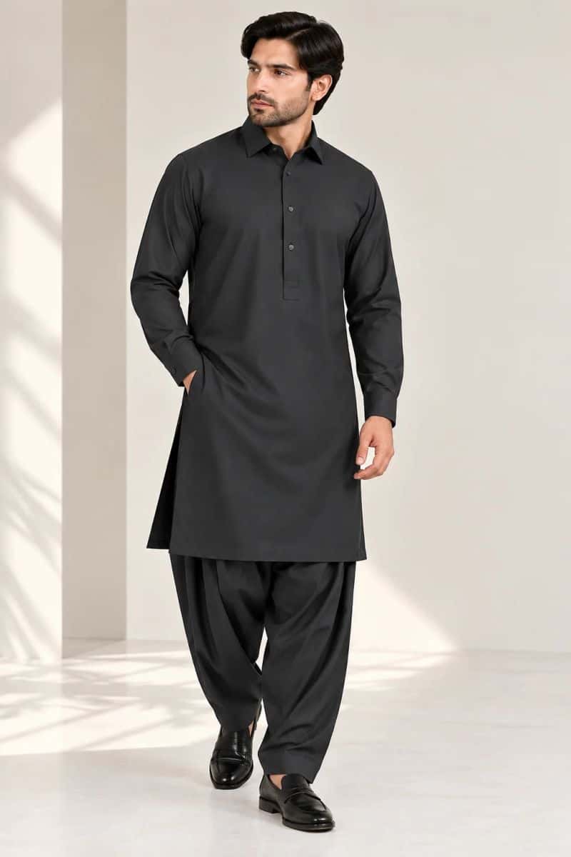 MEN'S BLENDED KAMEEZ SHALWAR – BLACK CHARCOAL - alternate view