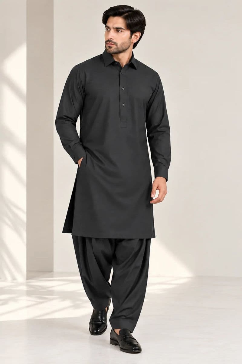 MEN'S BLENDED KAMEEZ SHALWAR – BLACK CHARCOAL thumbnail