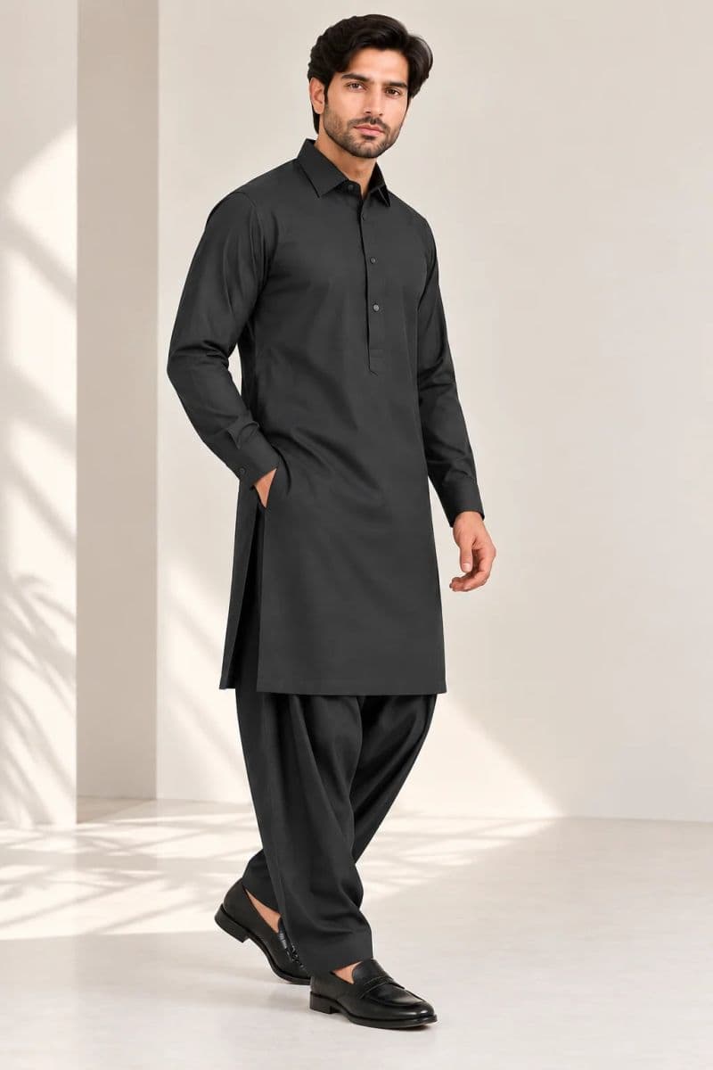 MEN'S BLENDED KAMEEZ SHALWAR – BLACK CHARCOAL thumbnail