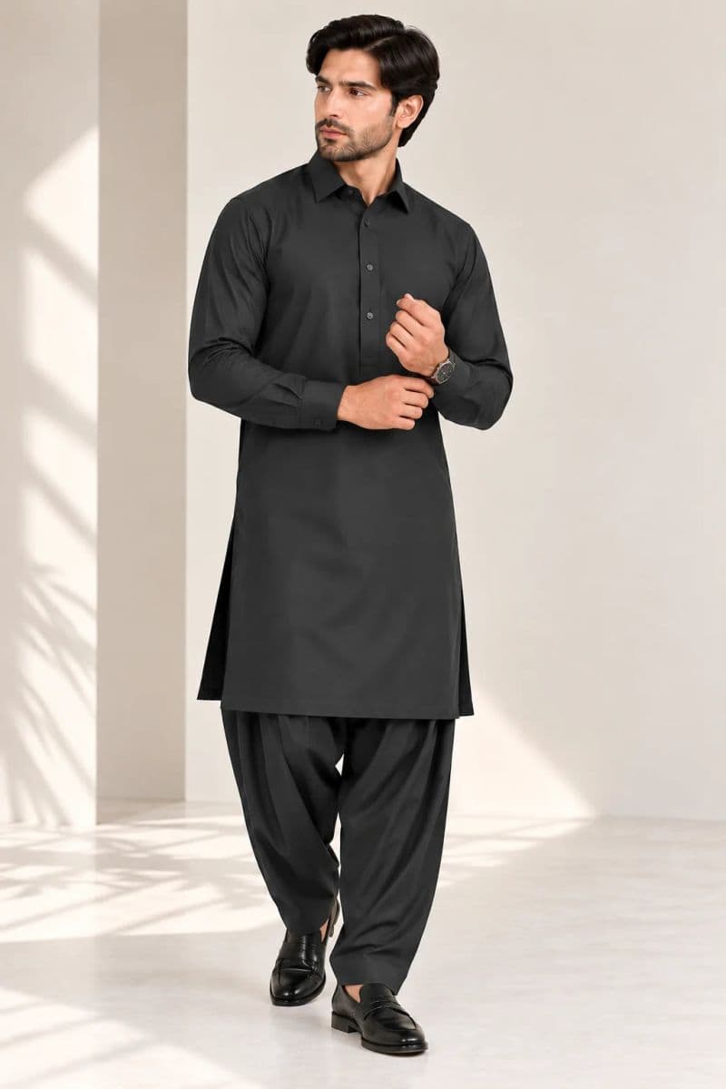 MEN'S BLENDED KAMEEZ SHALWAR – BLACK CHARCOAL thumbnail