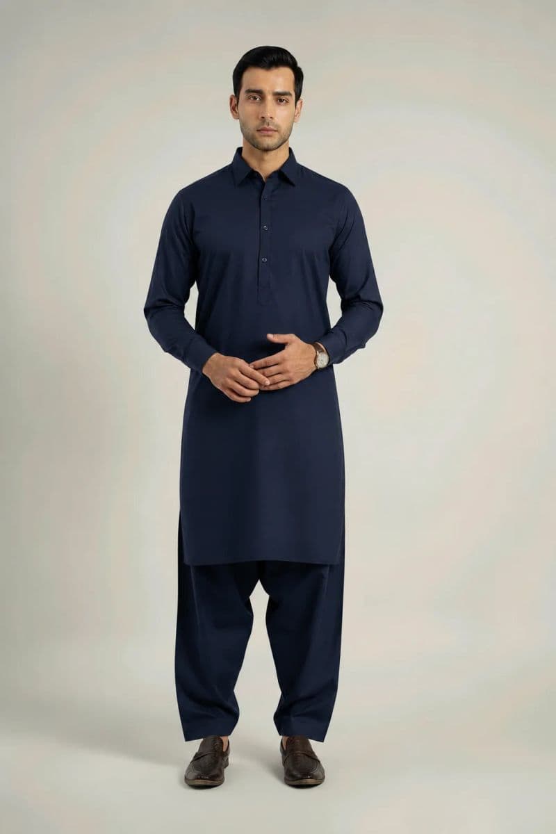 MEN'S BLENDED KAMEEZ SHALWAR – NAVY BLUE thumbnail