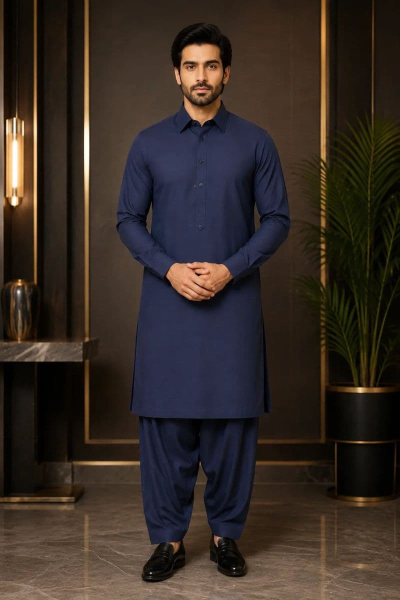 MEN'S BLENDED KAMEEZ SHALWAR – NAVY BLUE thumbnail