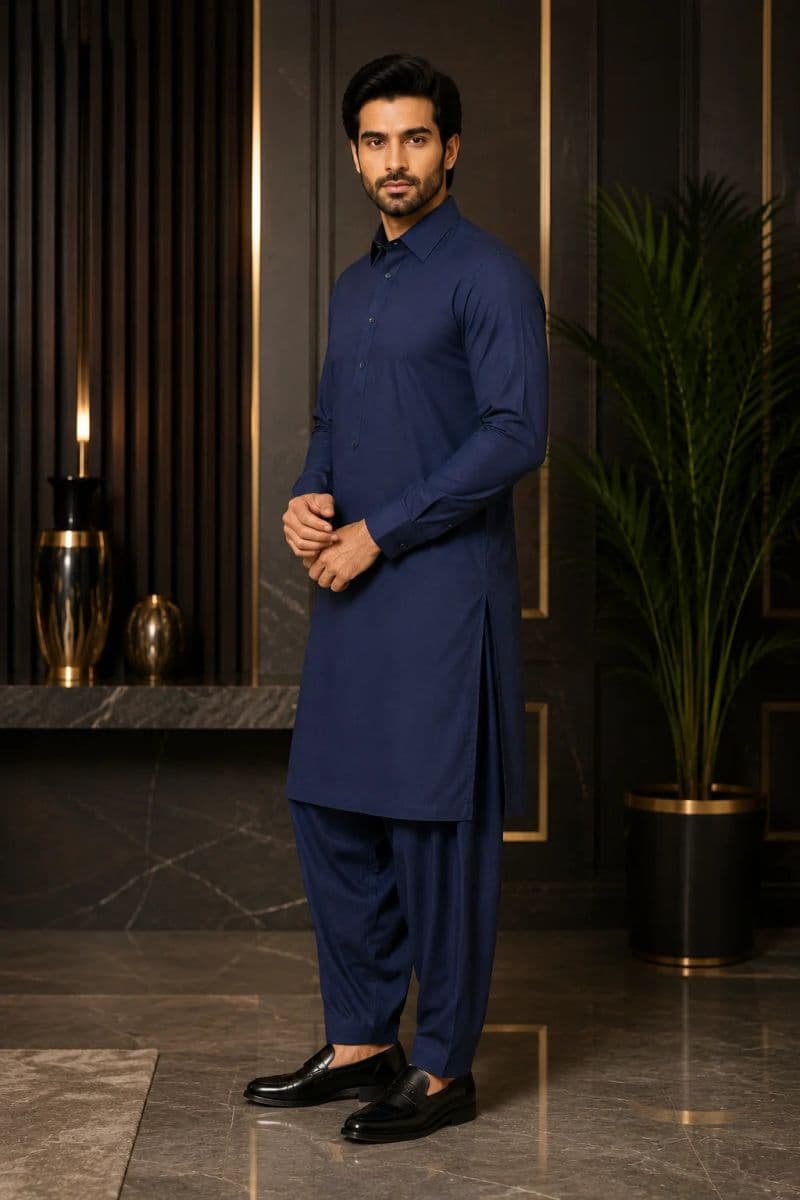 MEN'S BLENDED KAMEEZ SHALWAR – NAVY BLUE thumbnail
