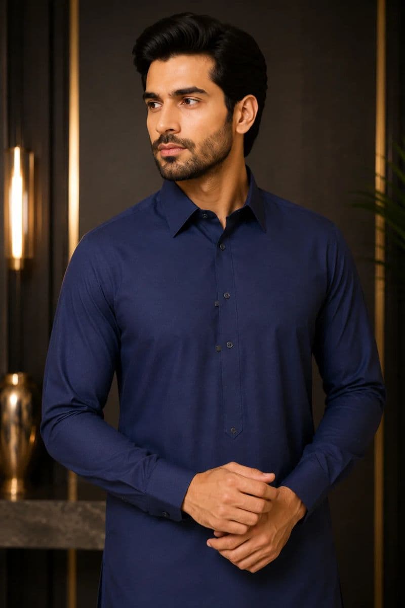 MEN'S BLENDED KAMEEZ SHALWAR – NAVY BLUE thumbnail