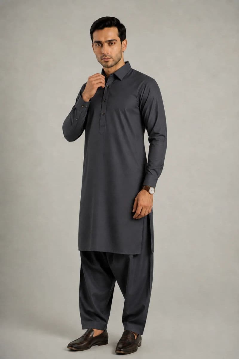 MEN'S BLENDED KAMEEZ SHALWAR – GREY thumbnail