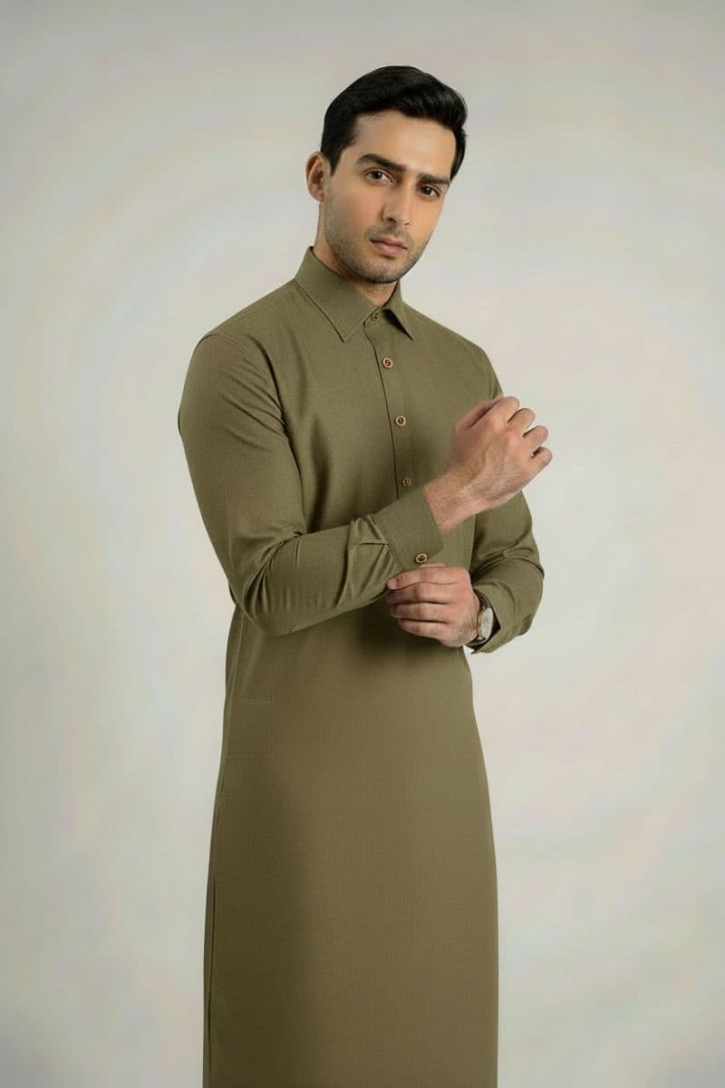 MEN'S BLENDED KAMEEZ SHALWAR – OLIVE thumbnail