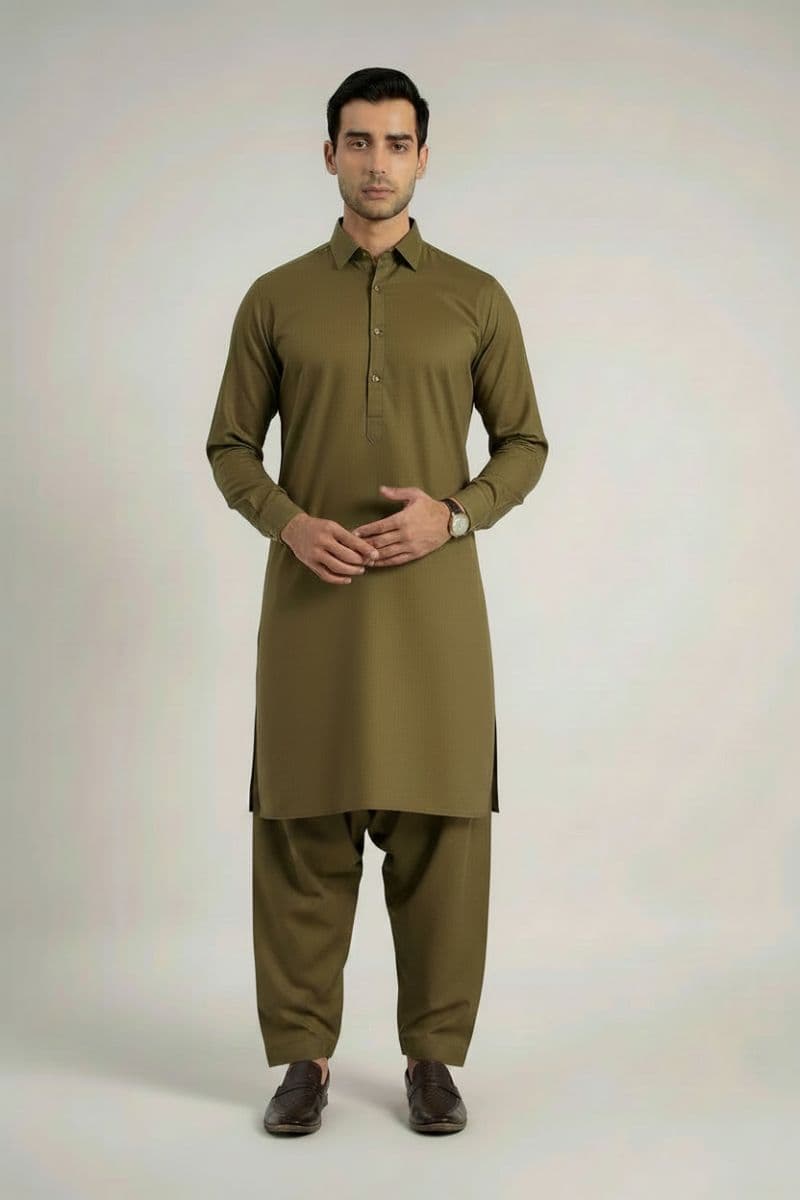 MEN'S BLENDED KAMEEZ SHALWAR – OLIVE thumbnail