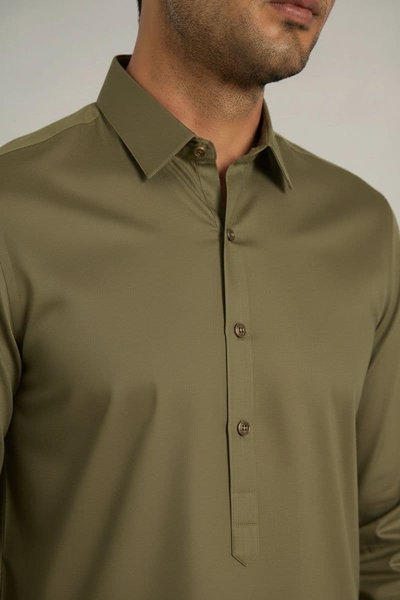 MEN'S BLENDED KAMEEZ SHALWAR – OLIVE thumbnail