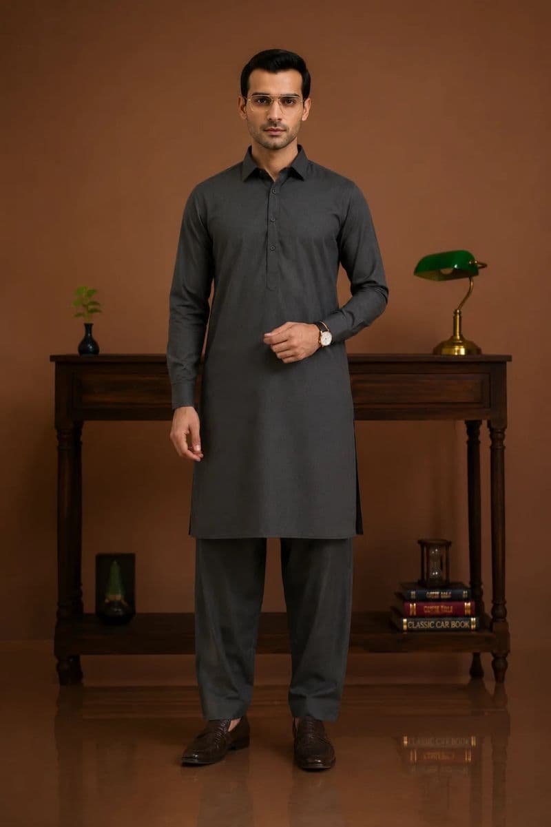 Men's Blended Kameez Shalwar – GREY CHARCOAL thumbnail