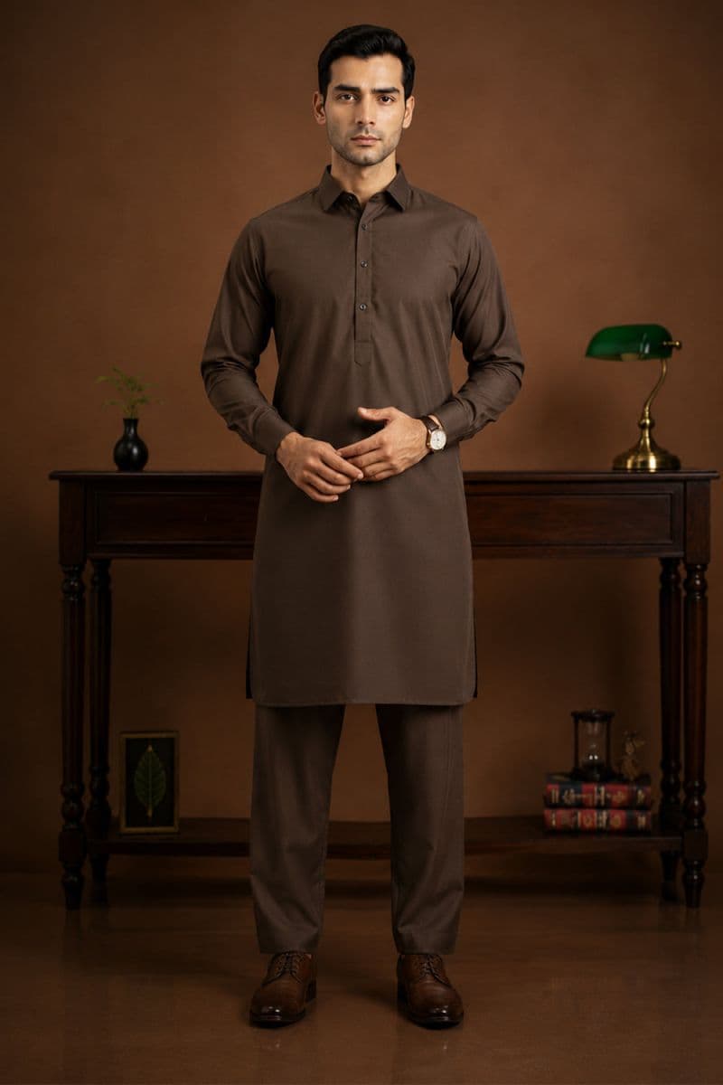 Men's Blended Kameez Shalwar – DARK BROWN thumbnail