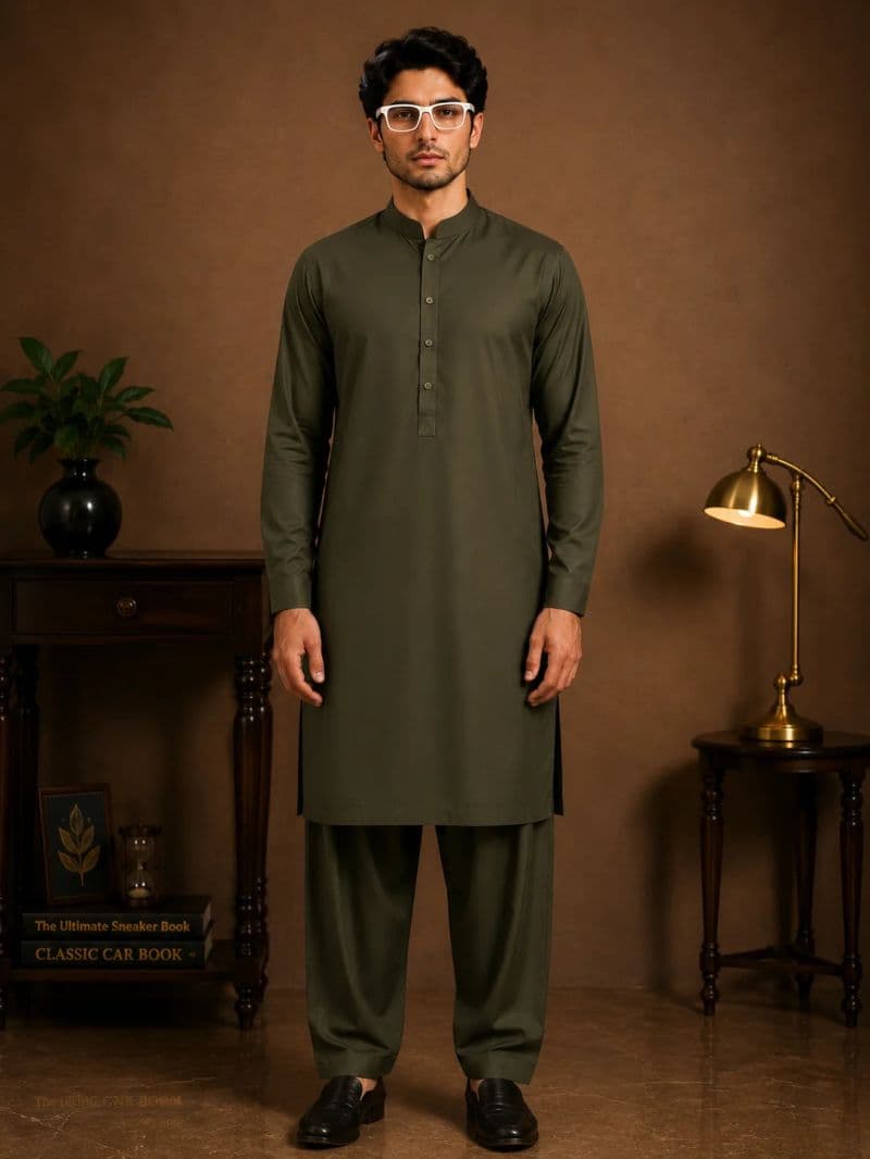 Men's Cotton Kameez Shalwar – DARK GREEN thumbnail