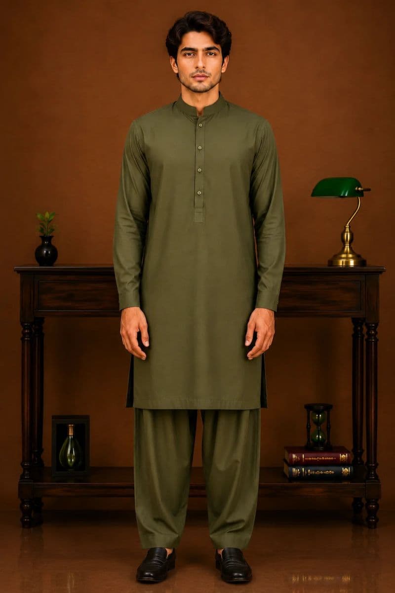 Men's Cotton Kameez Shalwar – OLIVE thumbnail