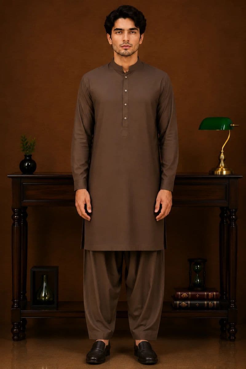 Men's Wash & Wear Kameez Shalwar - Brown thumbnail