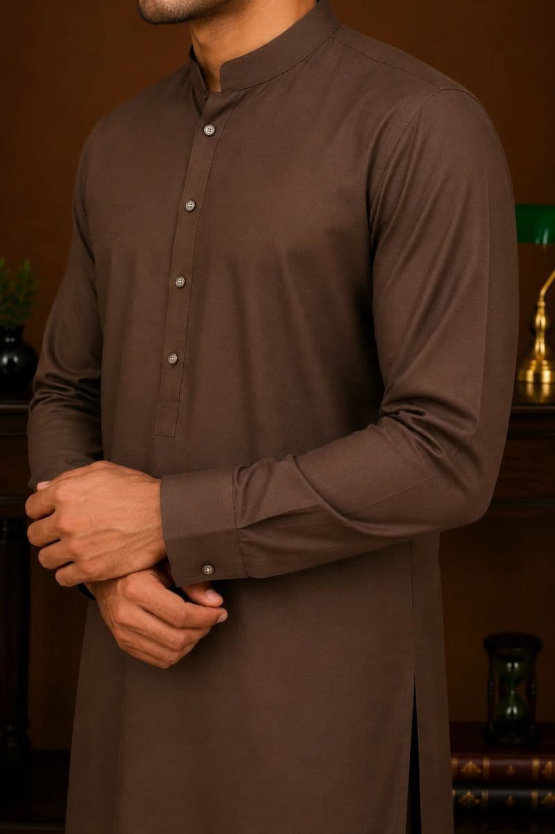 Men's Wash & Wear Kameez Shalwar - Brown thumbnail
