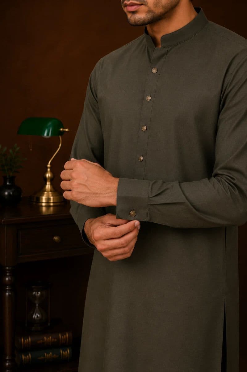Men's Wash & Wear Kameez Shalwar - Olive thumbnail