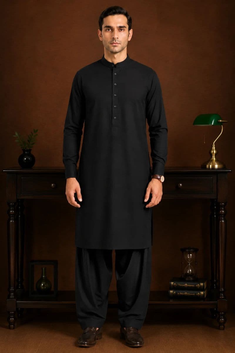 Men's Wash & Wear Kameez Shalwar - Black thumbnail