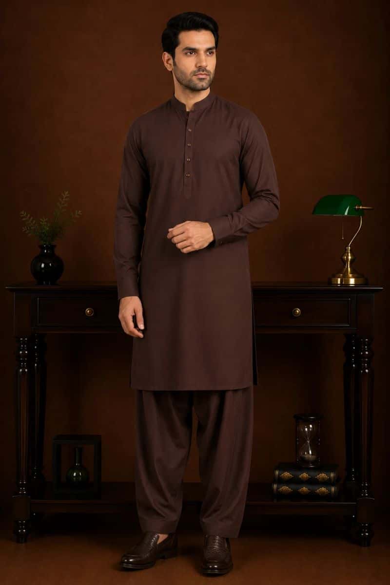 Men's Wash & Wear Kameez Shalwar - Dark Maroon