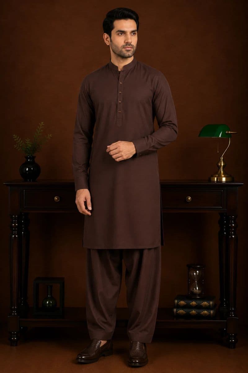 Men's Wash & Wear Kameez Shalwar - Dark Maroon thumbnail