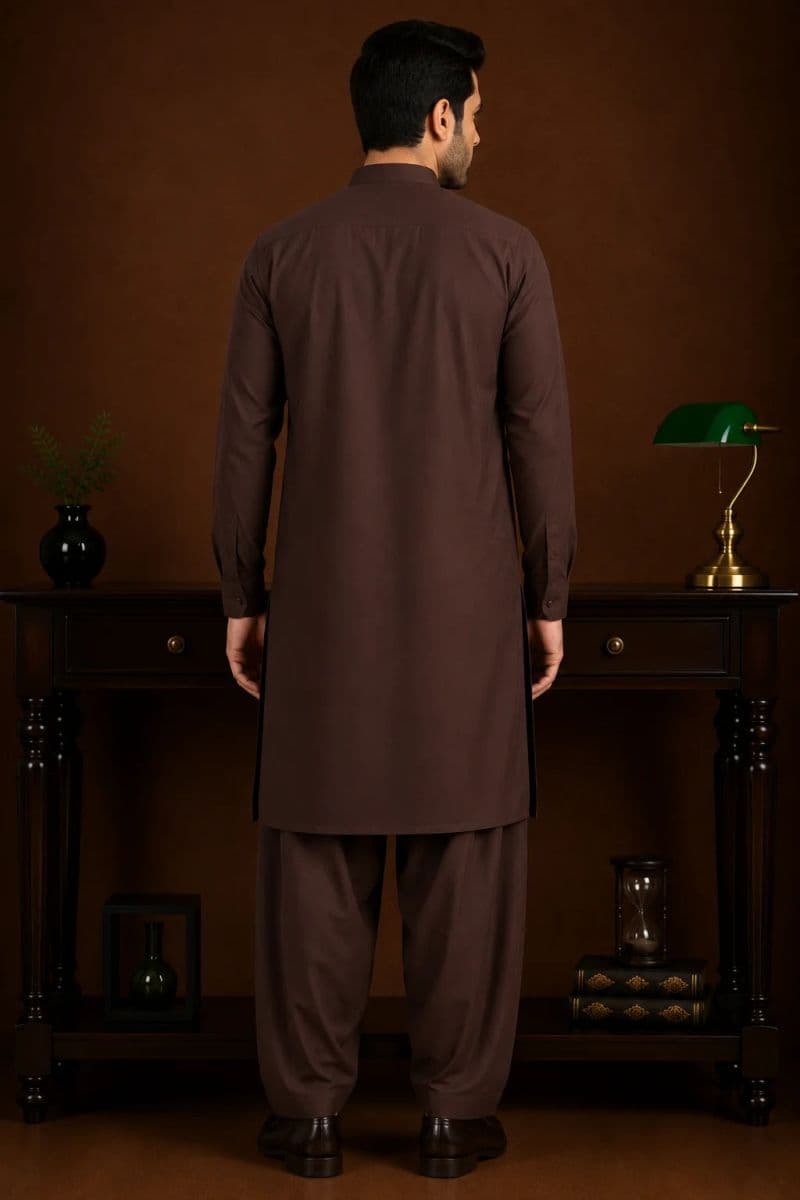 Men's Wash & Wear Kameez Shalwar - Dark Maroon thumbnail