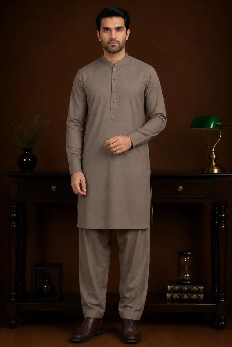 Men's Wash & Wear Kameez Shalwar - Light Brown thumbnail