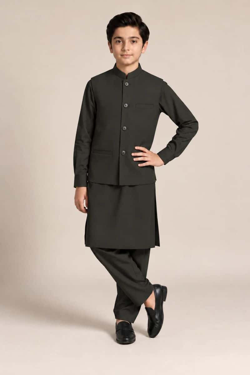 Boys Kameez Shalwar & Waistcoat Combo – dark olive