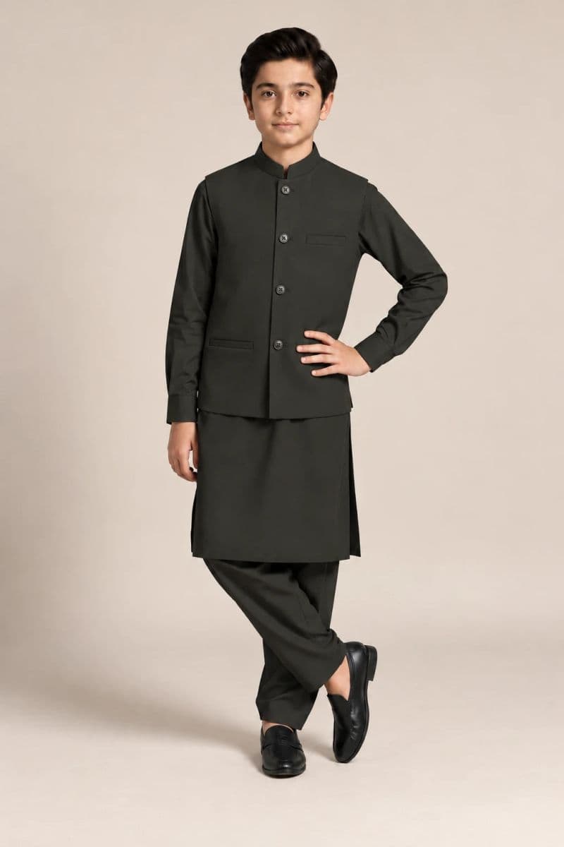Boys Kameez Shalwar & Waistcoat Combo – dark olive thumbnail