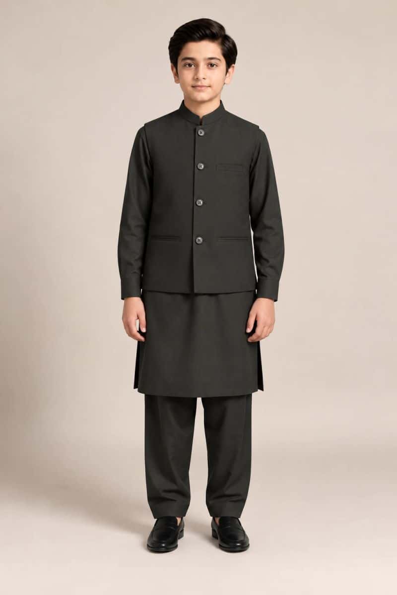 Boys Kameez Shalwar & Waistcoat Combo – dark olive - alternate view