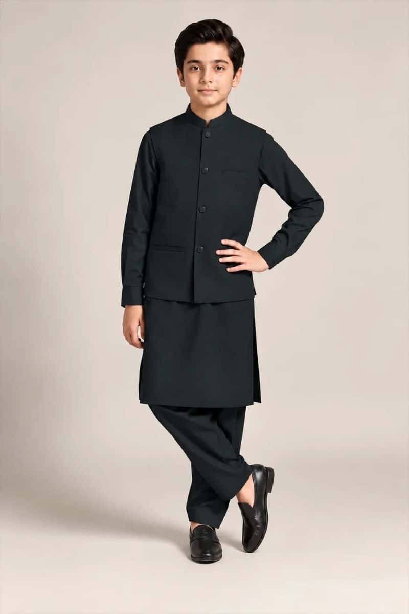 Boys Kameez Shalwar & Waistcoat Combo – dark green