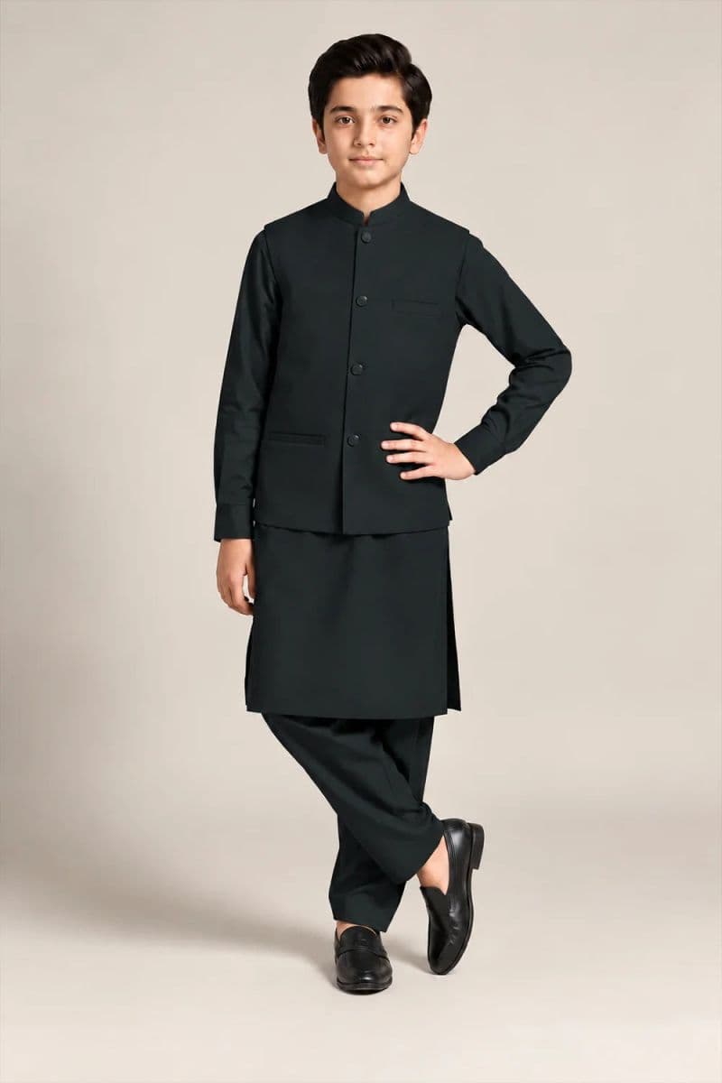 Boys Kameez Shalwar & Waistcoat Combo – dark green thumbnail