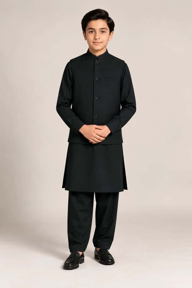 Boys Kameez Shalwar & Waistcoat Combo – dark green - alternate view