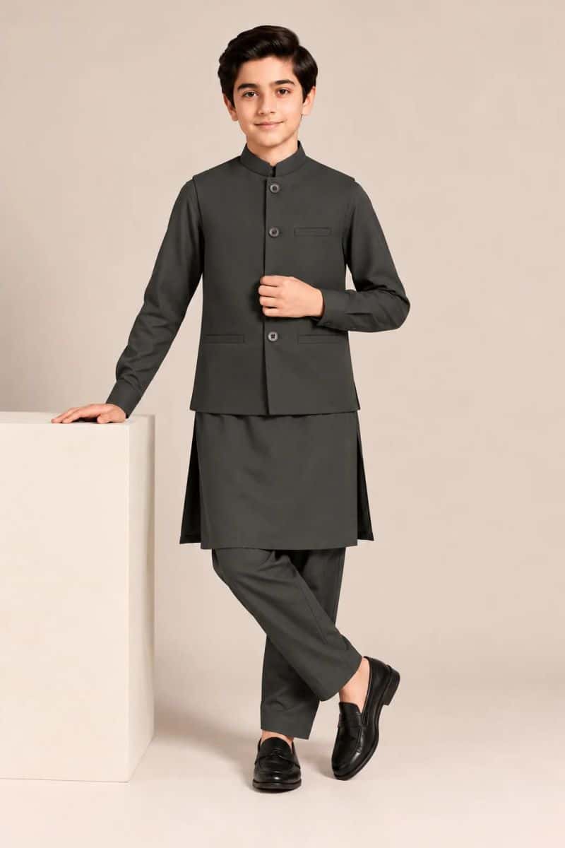 Boys Kameez Shalwar & Waistcoat Combo – bottle green