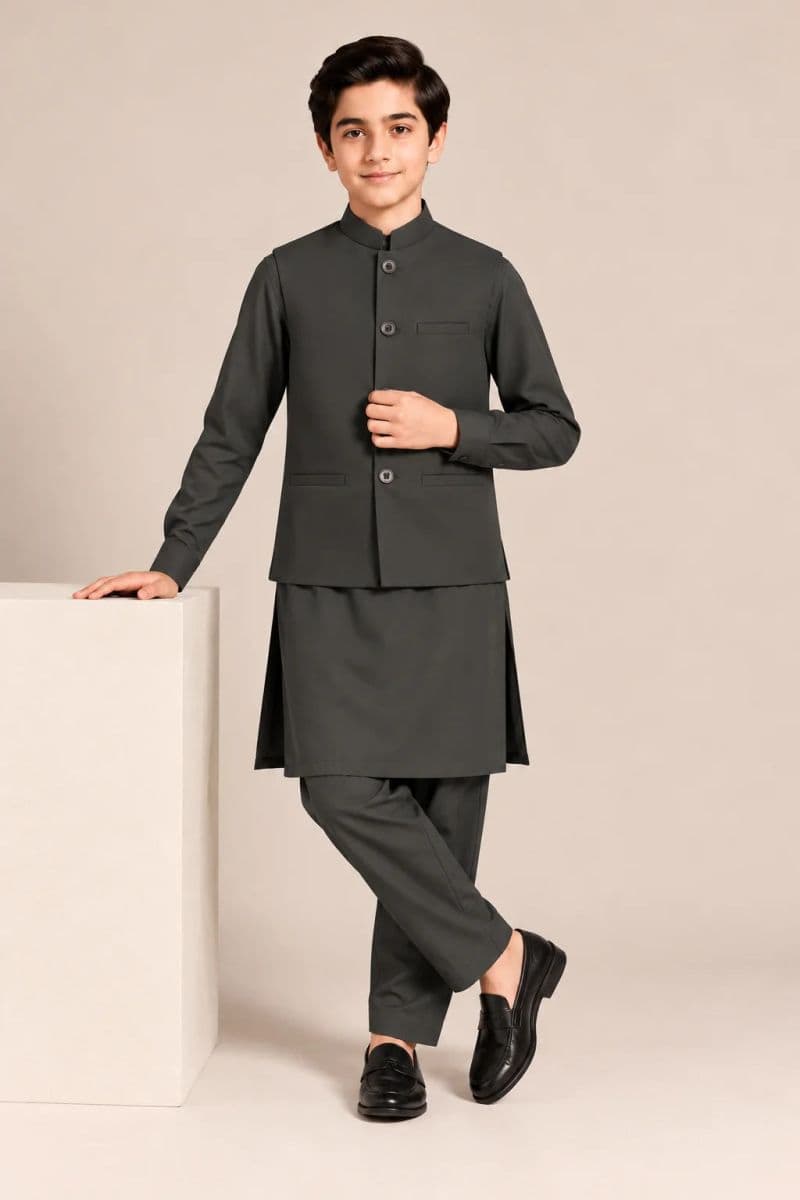 Boys Kameez Shalwar & Waistcoat Combo – bottle green thumbnail