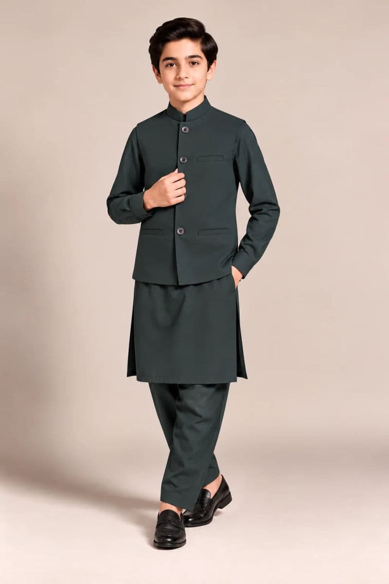 Boys Kameez Shalwar & Waistcoat Combo – teal green thumbnail