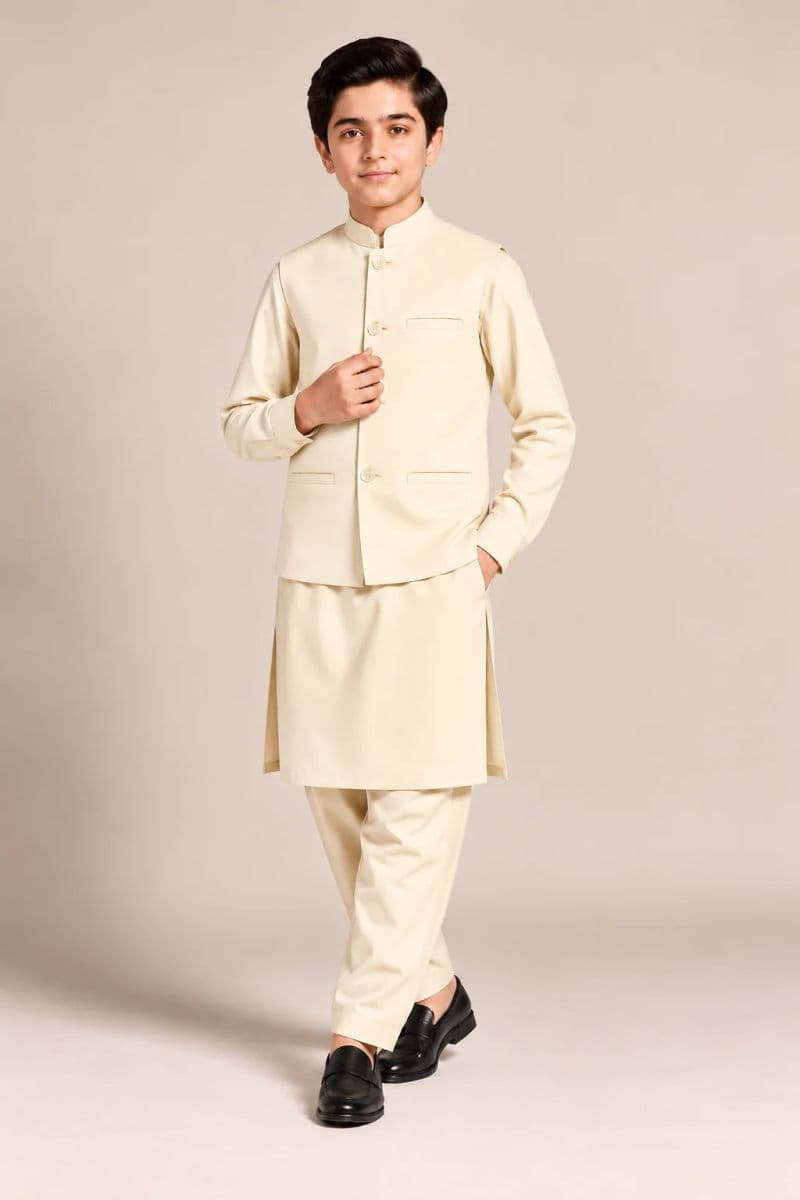 Boys Kameez Shalwar & Waistcoat Combo – cream thumbnail