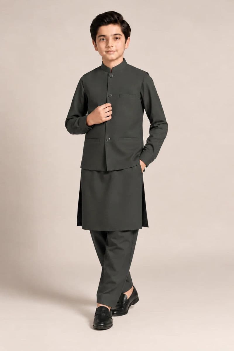 Boys Kameez Shalwar & Waistcoat Combo – olive thumbnail