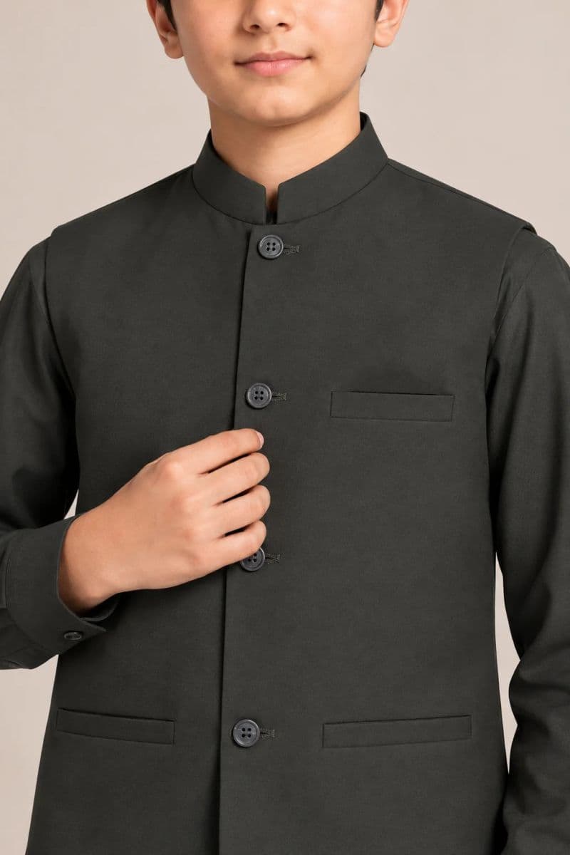 Boys Kameez Shalwar & Waistcoat Combo – olive thumbnail