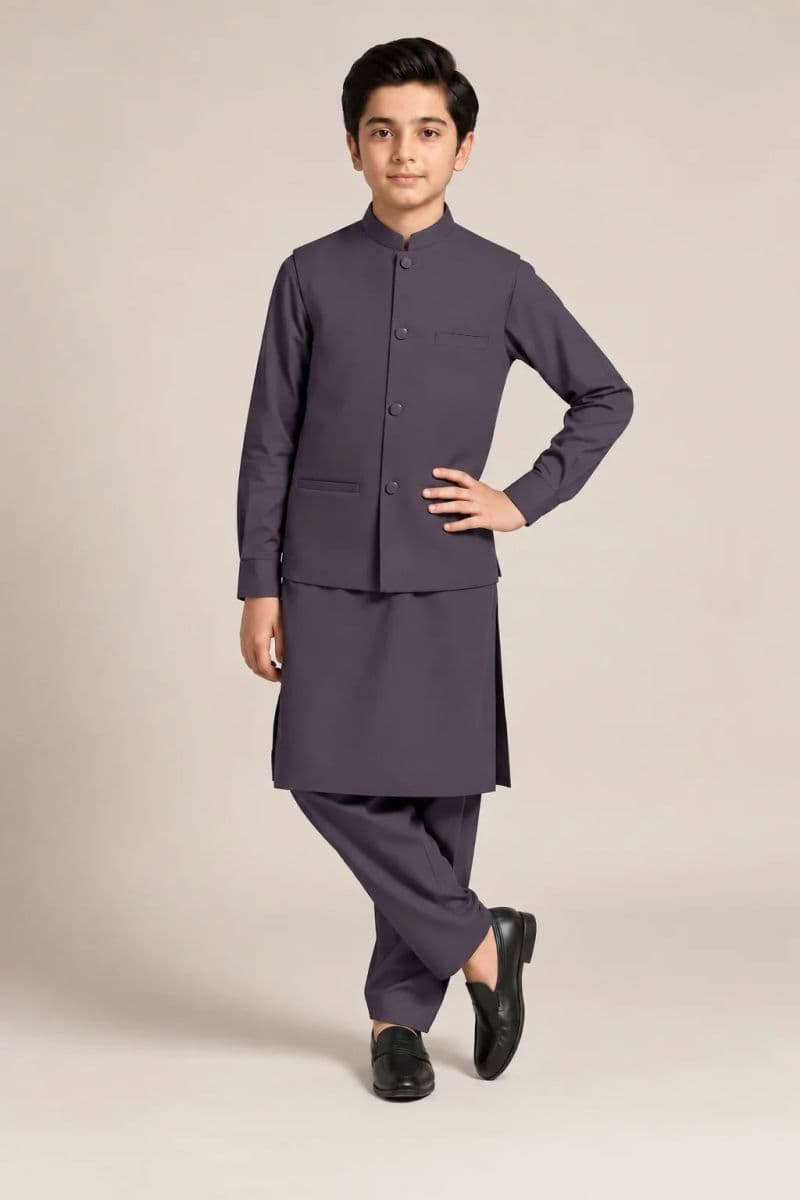 Boys Kameez Shalwar & Waistcoat Combo – charcoal gray thumbnail