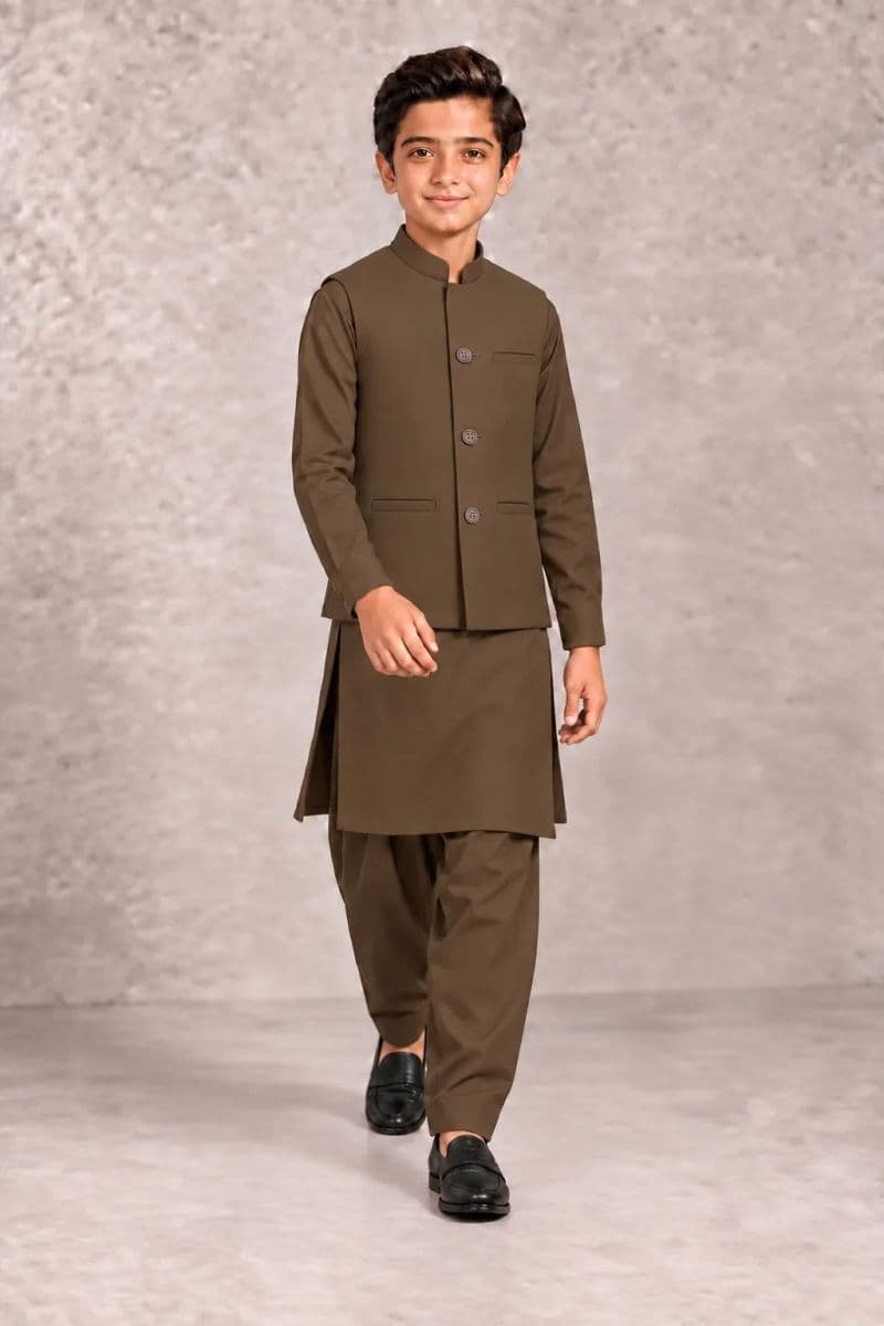 Boys Kameez Shalwar & Waistcoat Combo – coffee brown thumbnail