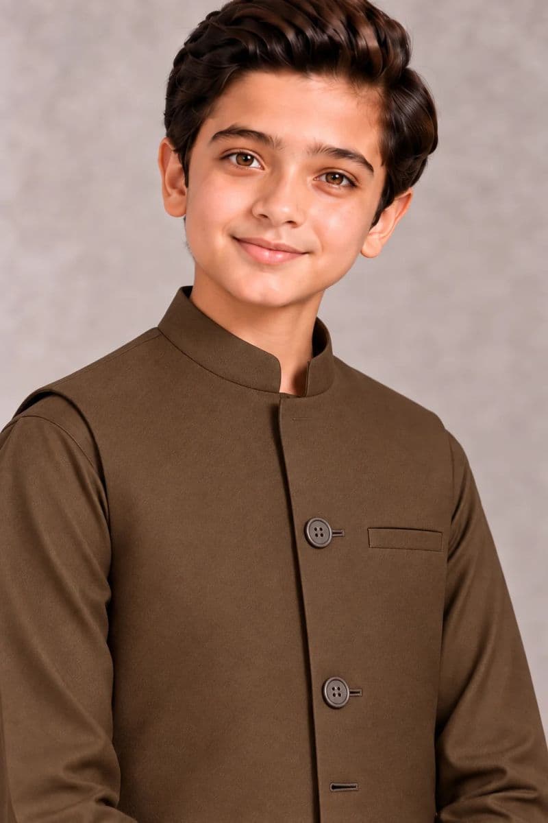 Boys Kameez Shalwar & Waistcoat Combo – coffee brown thumbnail