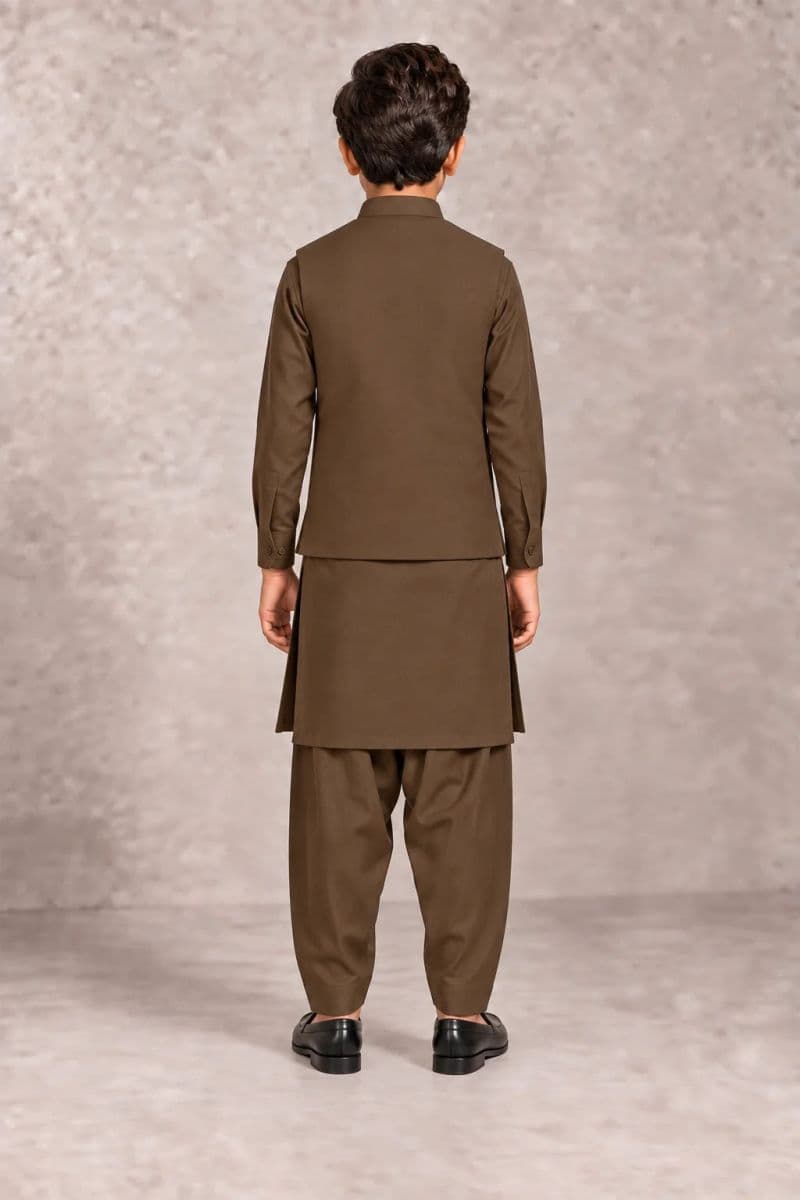 Boys Kameez Shalwar & Waistcoat Combo – coffee brown thumbnail