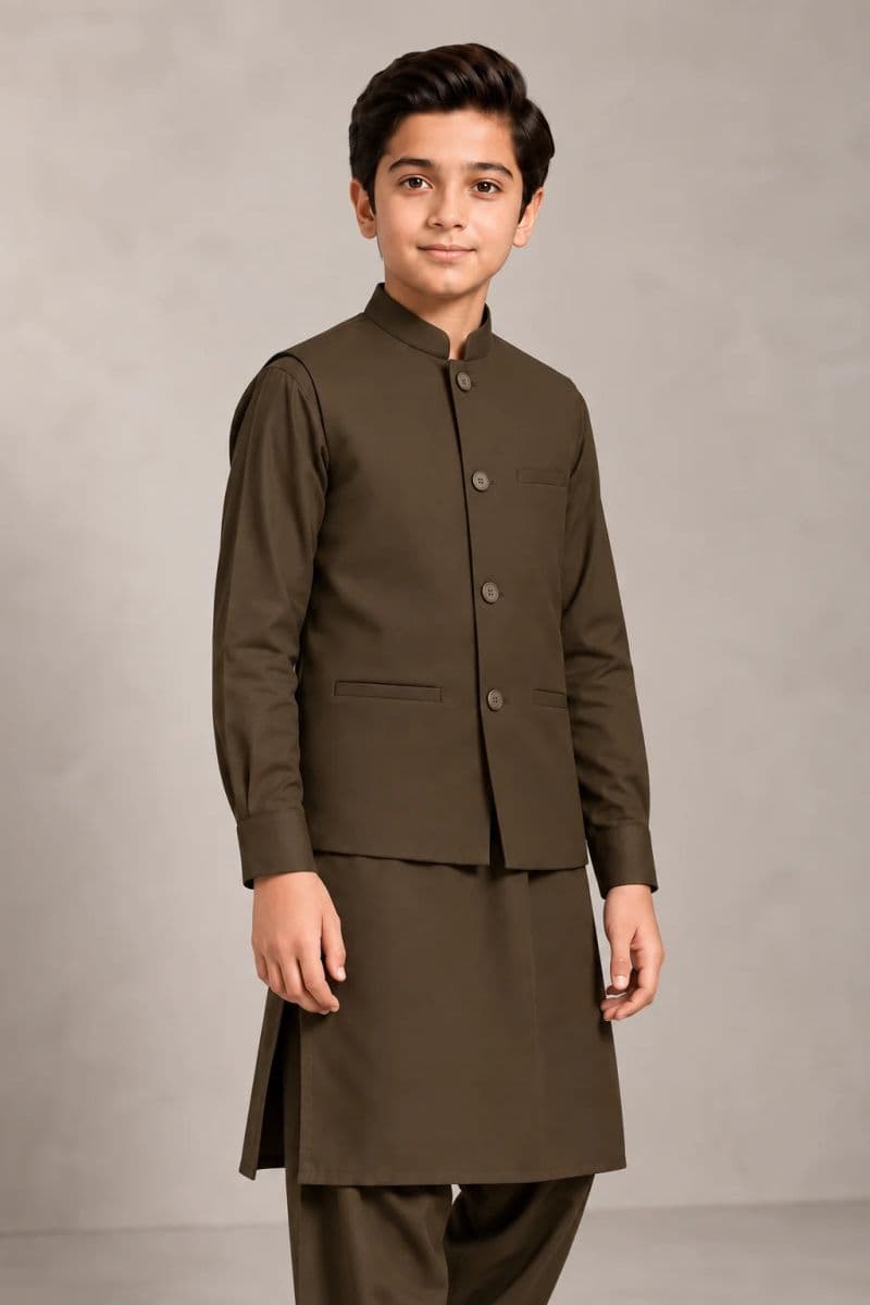 Boys Kameez Shalwar & Waistcoat Combo – light olive thumbnail